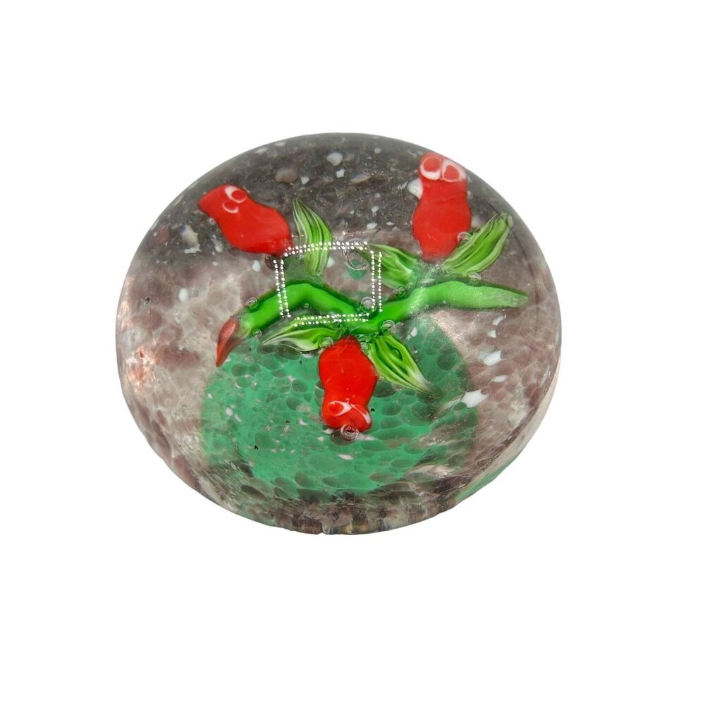 Red Flowers Red Roses Art Glass Paperweight Round Domed Floral Figurine